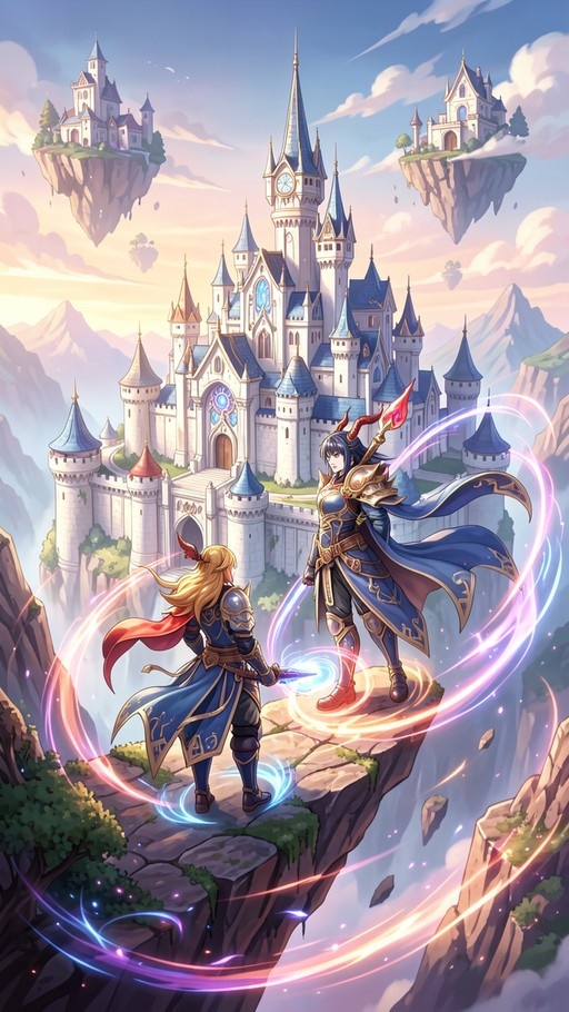 Two armored fantasy warriors battling on a floating cliff fragment with a large castle in the background.