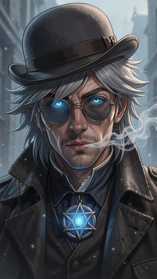 A digital portrait of a man with grey hair and a bowler hat wearing round glasses that reveal glowing blue eyes. He has facial stubble and wears a dark coat with a large silver hexagram pendant featuring a glowing blue center. Smoke drifts near his face against a blurred background.