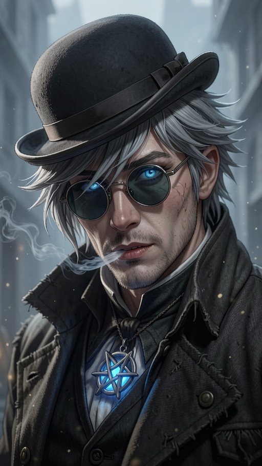 A digital illustration of a grey-haired man in a black bowler hat and sunglasses, smoking with a glowing blue pentagram pendant around his neck.