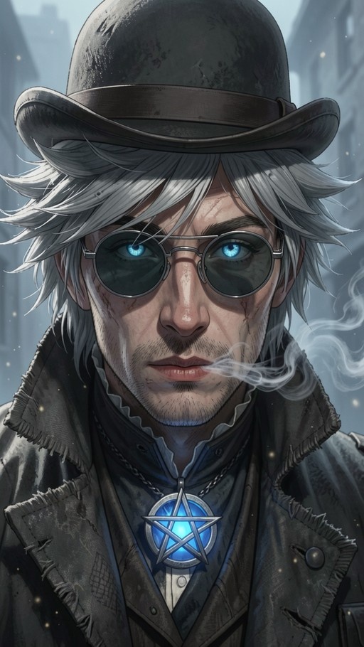 A close-up digital illustration of a man with messy grey hair and stubble wearing round sunglasses and a dark hat. He has glowing blue eyes visible through the lenses and is smoking. Around his neck hangs a large pendant featuring a glowing blue pentagram inside a circle.