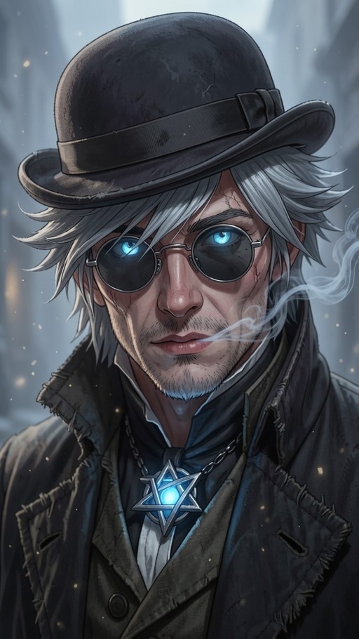 A digital illustration of a man with grey hair wearing a black bowler hat and round sunglasses. He has glowing blue eyes, is smoking, and wears a large glowing hexagram necklace.