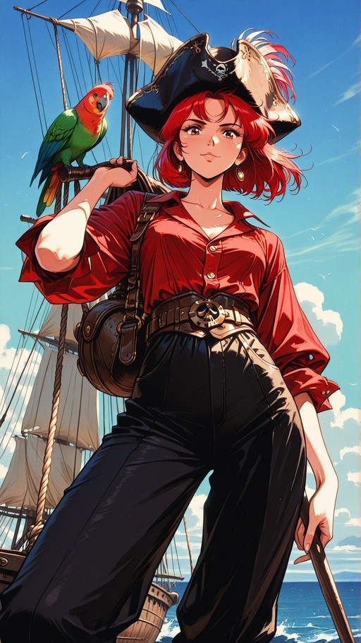 Red-haired anime pirate girl standing on a ship deck with a parrot perched nearby.