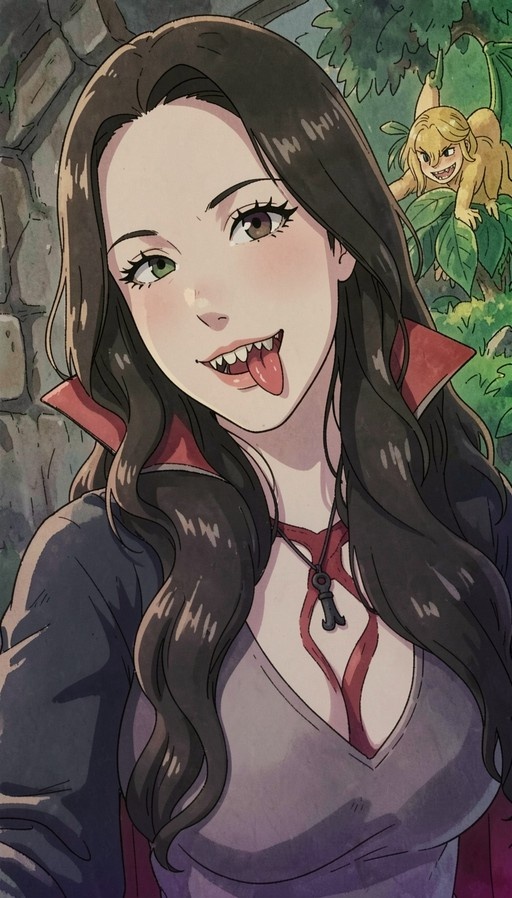 A young woman with long black hair and different colored eyes sticks her tongue out to show fangs while a small fairy watches from the background leaves.
