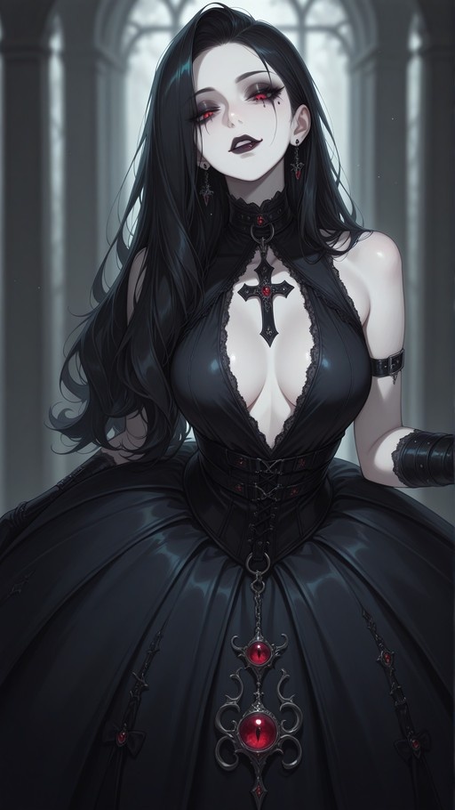 A digital illustration of a pale woman with long black hair and glowing red eyes looking at the viewer. She wears a black sleeveless dress with lace trim, a corset waist, and an ornate cross necklace. A large jeweled pendant hangs from her waist against the dark fabric.