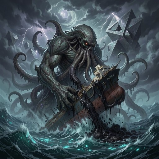 A massive tentacled monster with glowing orange eyes rises from a turbulent ocean to grab a large cargo ship, surrounded by lightning and floating geometric shapes in a stormy sky.