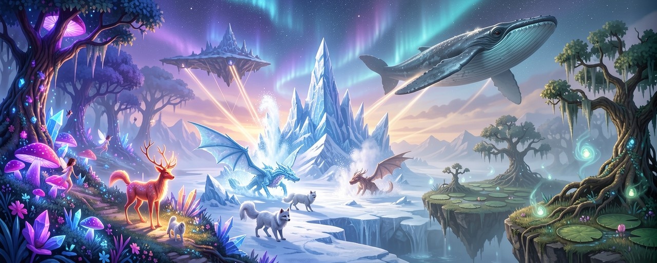 A vibrant fantasy landscape at night featuring a glowing orange deer and white foxes in the foreground, with blue dragons near ice mountains and a large whale swimming through an aurora-lit sky above floating islands.