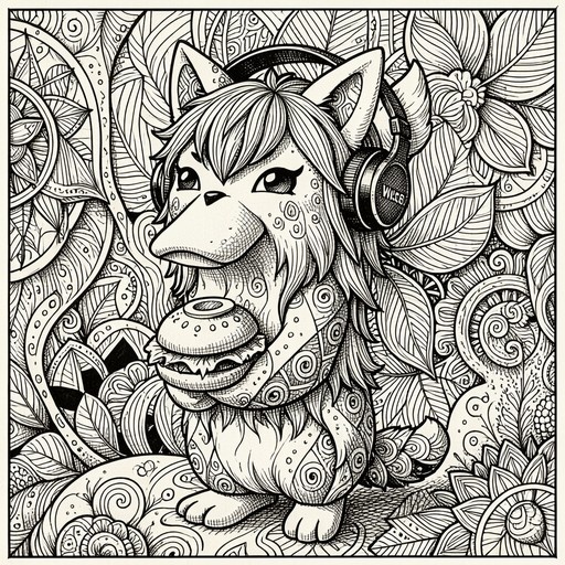 A black and white line drawing of an anthropomorphic wolf girl with long hair wearing headphones and holding a burger, surrounded by intricate floral patterns and swirls.