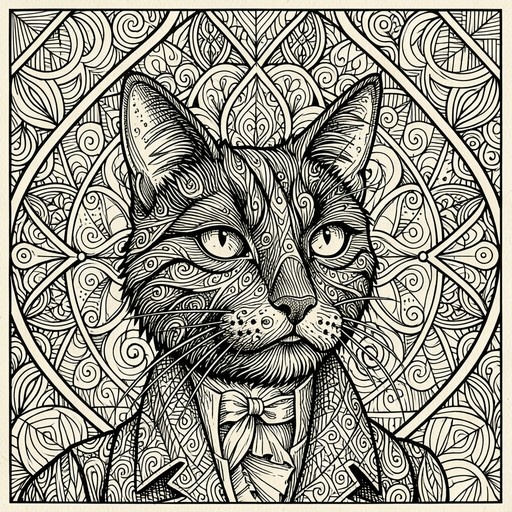 A monochrome line drawing of a cat wearing a bowtie and suit jacket, surrounded by intricate swirling patterns.