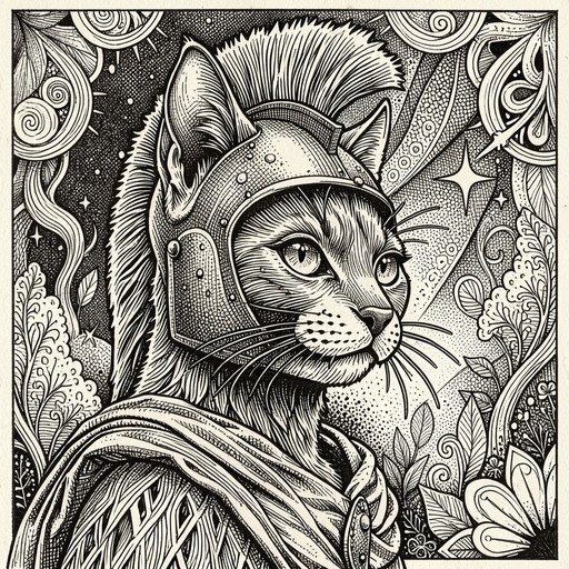 A black and white illustration of a cat wearing a warrior helmet with a large feathered crest and a cape, set against a background of swirling leaves and stars.