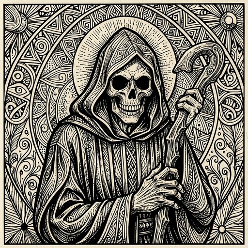 A monochrome illustration of the Grim Reaper, a skeletal figure in a hooded robe holding an ornate staff, set against a background of intricate geometric and Celtic-style patterns.