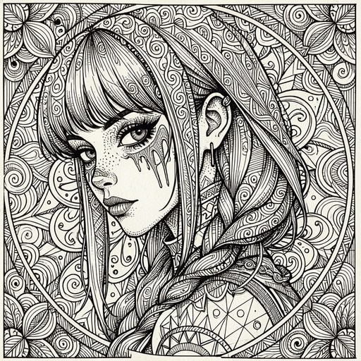 A detailed black and white line drawing of a young woman with long braided hair and freckles, set against an ornate background of swirling patterns and leaves.