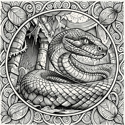 A black and white ink drawing of a large snake with textured scales coiled in front of stone pillars and vines, enclosed in a circular border.