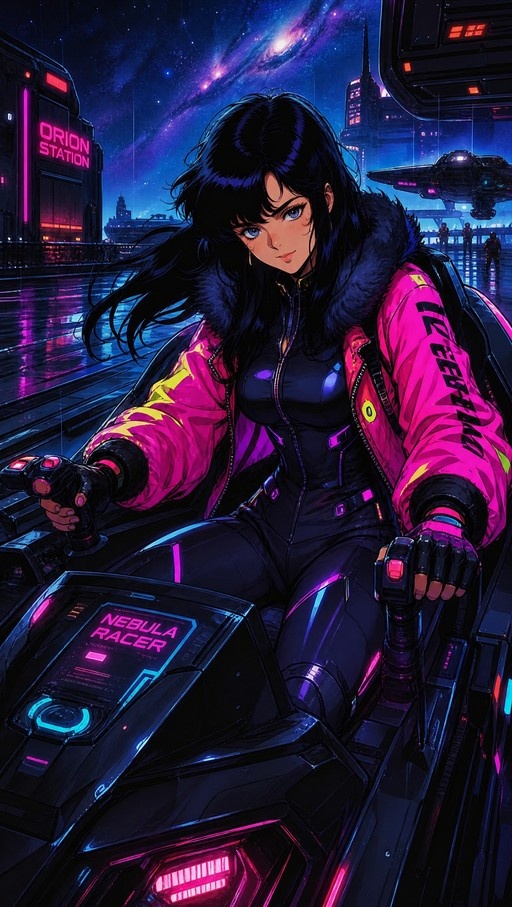 A cyberpunk woman with long black hair and a pink fur-trimmed jacket sits in the cockpit of a futuristic racing bike labeled 'Nebula Racer' at Orion Station under a starry nebula sky.