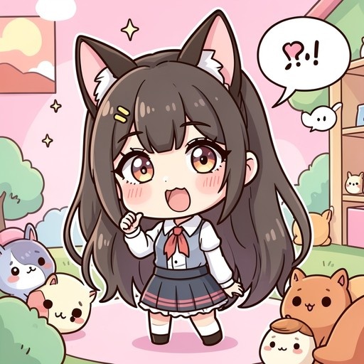 A chibi-style digital illustration of an excited anime girl with long dark hair and large cat ears, wearing a white shirt and grey pleated skirt, standing among small cute animal plushies in a pink room.