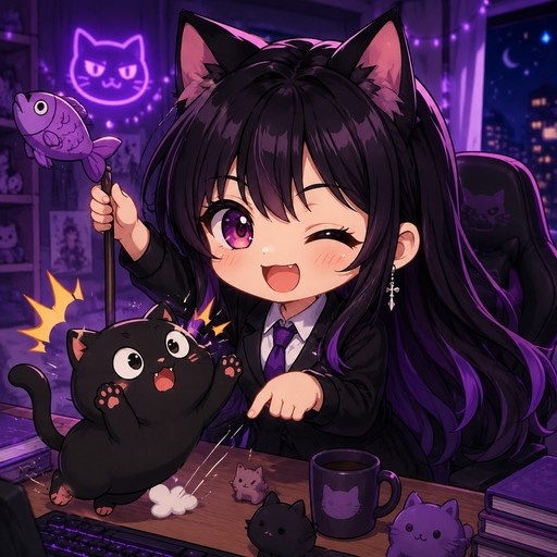 A chibi anime girl with cat ears and purple eyes winks while teasing a jumping black cat with a fish toy on a stick at her desk.