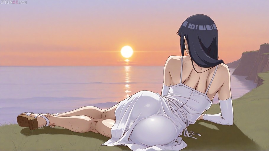 Hyuuga Hinata from Naruto Shippuden lies on a grassy cliff in a white sundress, gazing at the sunset over the ocean.