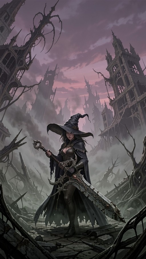 A female witch in a black pointed hat and tattered cape stands holding a huge ornate sword in a foggy ruined city with gothic buildings under a pinkish-purple sky.