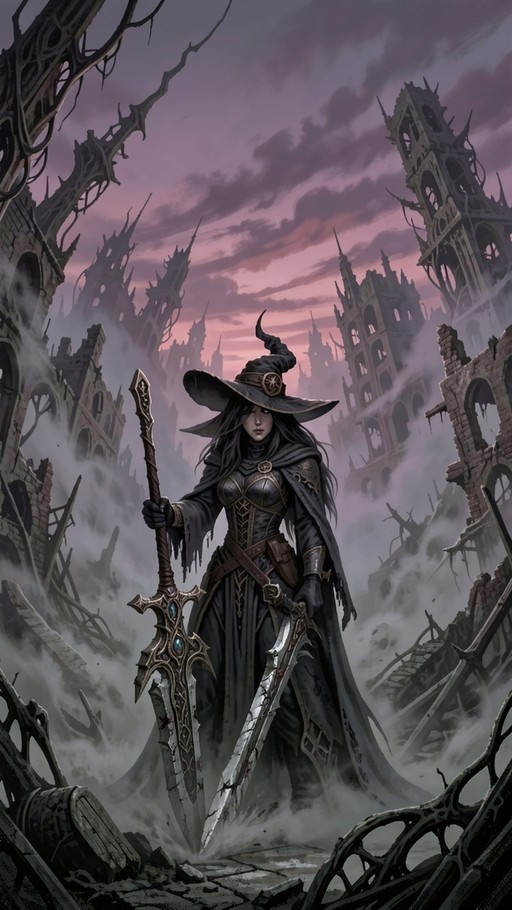A female witch with long black hair and a large pointed hat stands in the center of crumbling gothic ruins under a purple sky, holding two large swords.