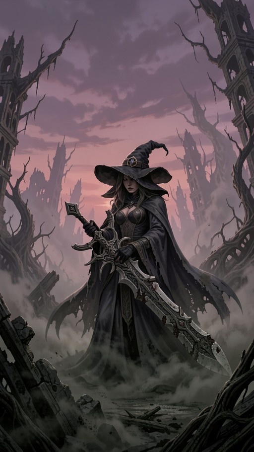 A dark fantasy illustration of a witch wearing a pointed hat and tattered cloak, standing among twisted roots and crumbling towers while wielding a massive ornate greatsword against a purple twilight sky.
