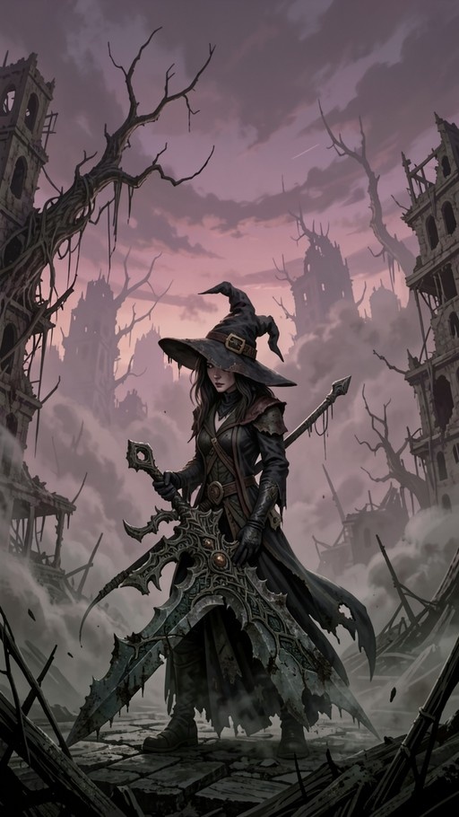 A digital painting of a fantasy warrior witch wearing a pointed hat and dark armor, holding a massive ornate sword while standing among crumbling stone ruins and bare trees under a cloudy purple sky.