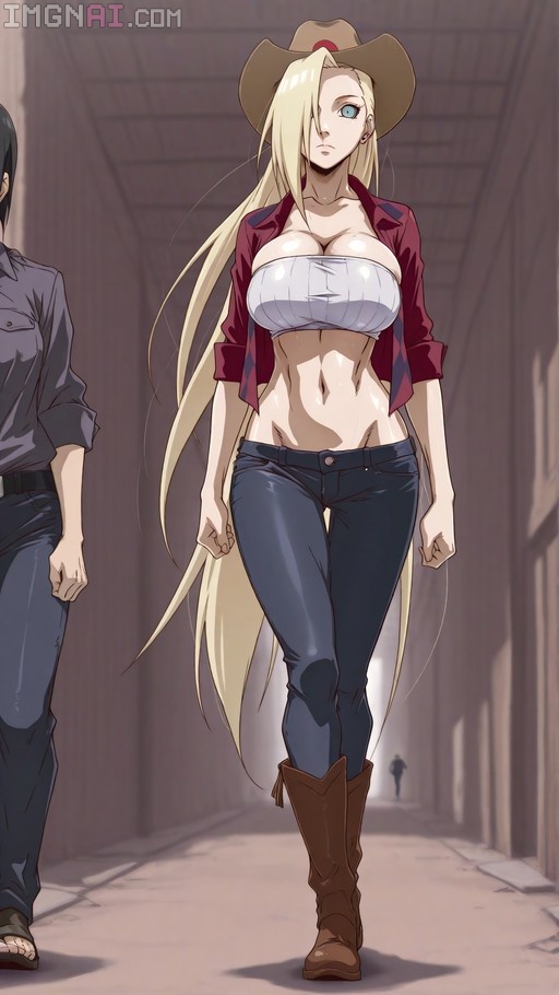 Full body shot of Yamanaka Ino from Naruto Shippuden wearing a cowboy hat, white tube top, open red shirt, blue jeans, and brown boots while walking.