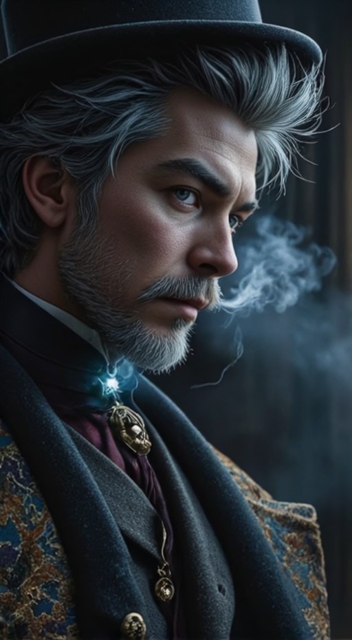 A realistic portrait of an older man with grey hair and a beard wearing a top hat and ascot, exhaling a wisp of smoke.