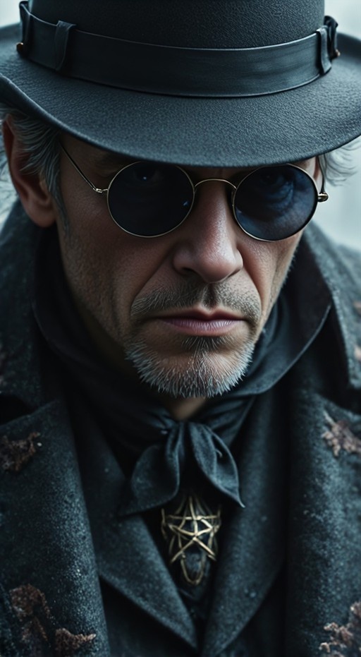 Close-up of an older man with grey hair and a goatee wearing a black hat, round sunglasses, and a gold pentagram pendant.