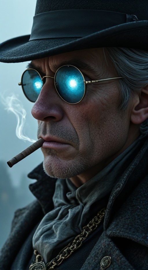 Close-up portrait of a grey-haired man in a black hat and round glowing blue sunglasses smoking a cigar.