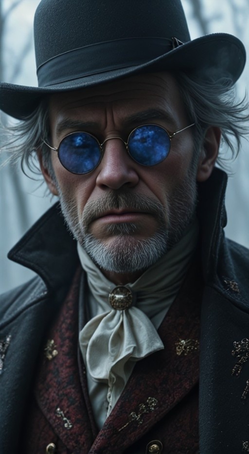 A close-up portrait of an older man with grey hair and a goatee wearing a black top hat, round blue-tinted glasses, and a white cravat with a brooch over a red patterned vest and dark coat.