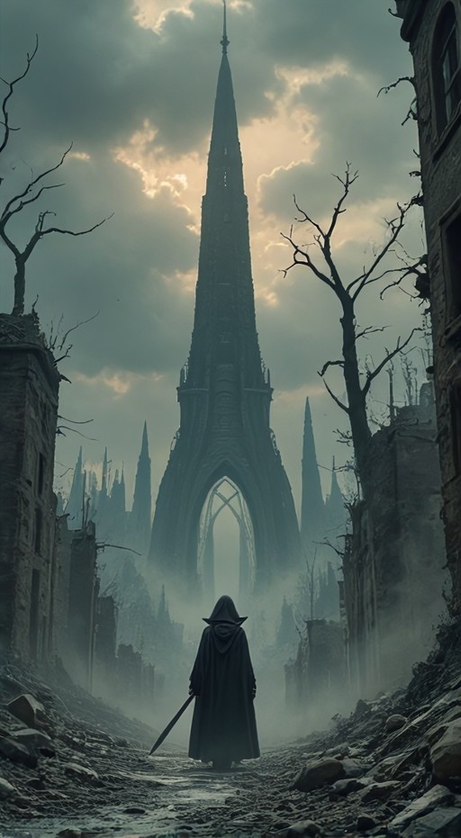 A hooded figure holding a sword walks down a ruined street toward a towering spire in a misty fantasy landscape.