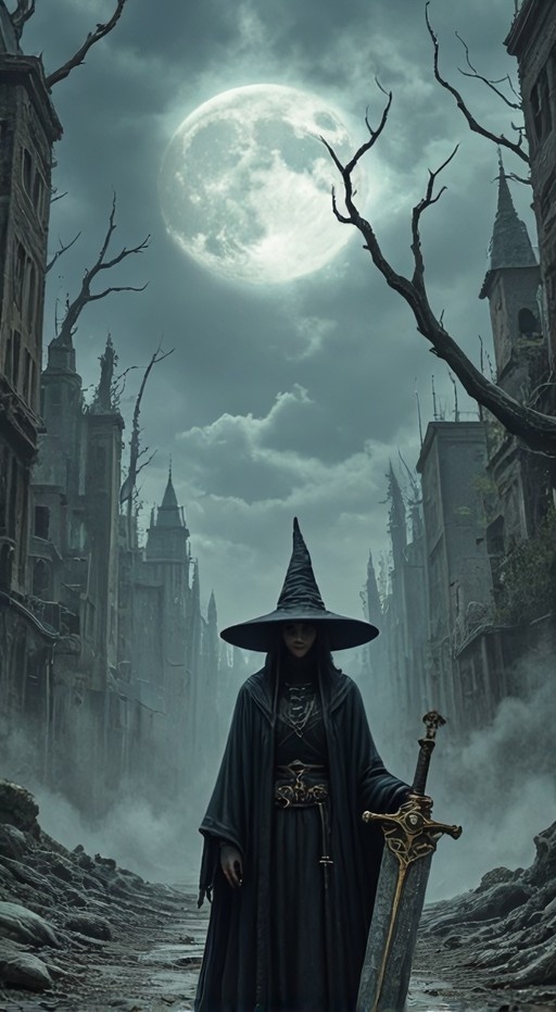 A dark fantasy illustration of a witch in a pointed hat and cloak holding a large sword, standing in a misty gothic ruin street beneath a giant full moon.