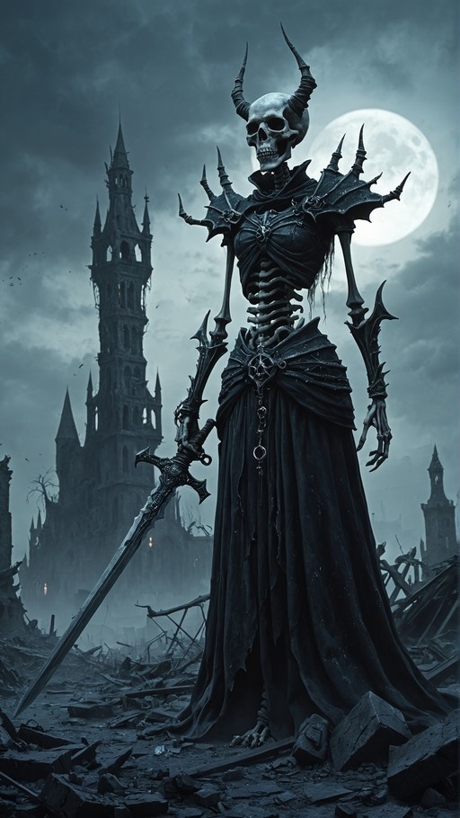 A tall skeletal warrior with horns stands in front of a ruined tower holding a large sword under a full moon.