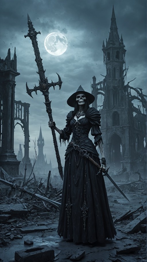 A skeletal woman in a black witch's hat and long dress stands holding a large ornate spear and a sword amidst the ruins of a gothic castle under a full moon.