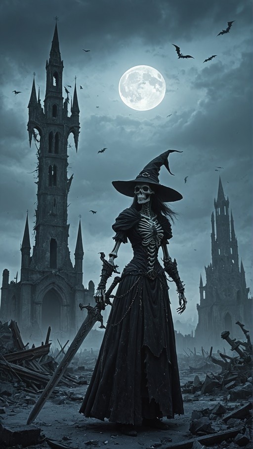 A skeletal figure in a pointed hat and tattered black dress holds a large sword while standing before ruined towers under a full moon with flying bats.