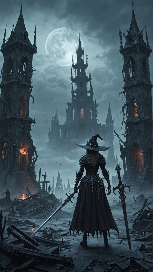 A witch wearing a pointed hat and holding dual swords stands amidst ruins facing a gothic castle under a large full moon.