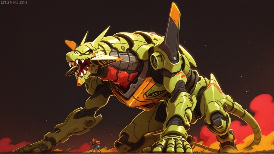 A large green and orange mechanical beast with sharp teeth stands on four legs while a small human figure looks up at it against a dark background.