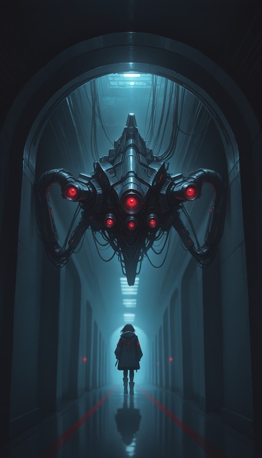 A lone figure in a coat walks down a futuristic blue corridor toward a large, hovering mechanical drone with glowing red eyes and cables.