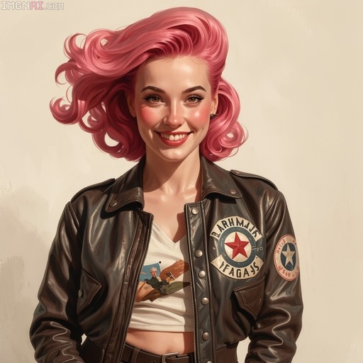 A smiling woman with wavy pink hair wearing a black leather jacket with patches.