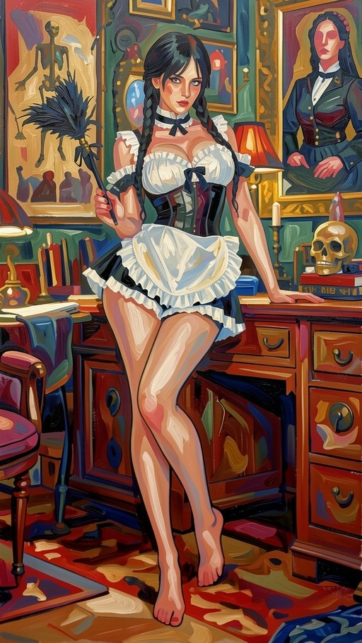 A barefoot maid with long black twin braids and a white frilly apron holds a feather duster while standing next to a wooden desk with a golden skull.