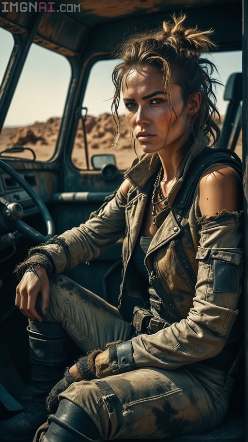 A woman with messy brown hair sits inside a rusty car wearing dirty tactical clothing and boots, looking at the viewer against a desert backdrop.