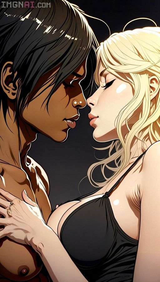 A digital illustration of a dark-skinned man with fangs and a blonde woman in a black top about to kiss.