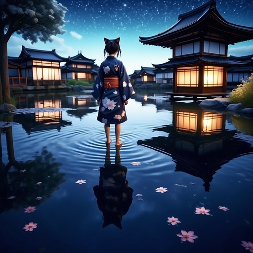 A cat-eared girl wearing a blue floral yukata stands barefoot on a dark pond, creating ripples. Traditional Japanese buildings with glowing lanterns reflect in the water under a starry night sky.