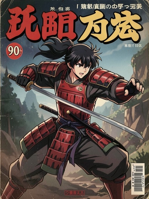 An anime-style illustration of a young male samurai in red armor holding a katana in a dynamic pose against a mountainous background.