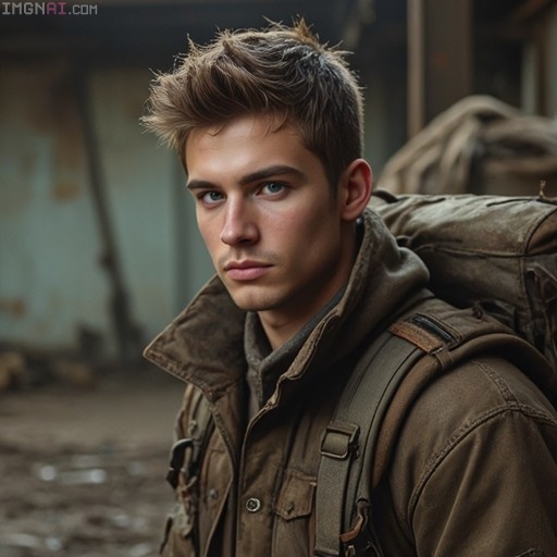 A young man with short brown hair and stubble wearing a brown jacket and carrying a large backpack looks at the camera in an abandoned industrial setting.