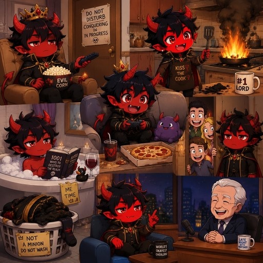 A multi-panel comic showing a red-skinned demon boy with black hair and horns doing various activities like eating popcorn, cooking, bathing, playing video games, and being on TV.