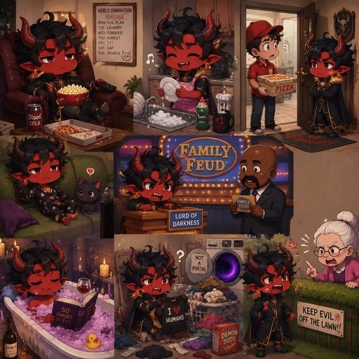 A multi-panel digital illustration showing a cute chibi demon boy with red skin and horns engaging in daily activities such as eating popcorn, washing dishes, receiving pizza delivery, playing a game show, taking a bubble bath, and doing laundry.