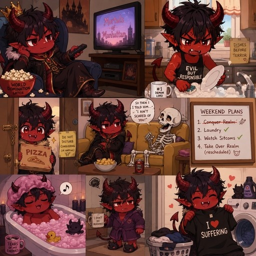 A multi-panel comic showing a red-skinned demon boy with black hair and horns in various domestic scenes including watching TV, washing dishes, relaxing in a bathtub, and doing laundry.