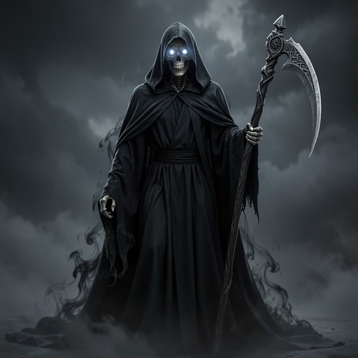 A skeletal Grim Reaper in a black hooded cloak holding an ornate scythe, standing in dark fog with glowing blue eyes.