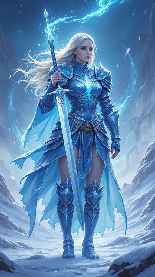 A blonde woman in detailed blue plate armor stands holding a large sword upright in a snowy mountain environment with ruins in the background.