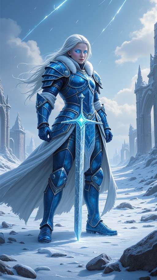 A full-body illustration of a white-haired female warrior in shiny blue plate armor with fur trim, standing in snow and holding a large glowing ice sword upright.